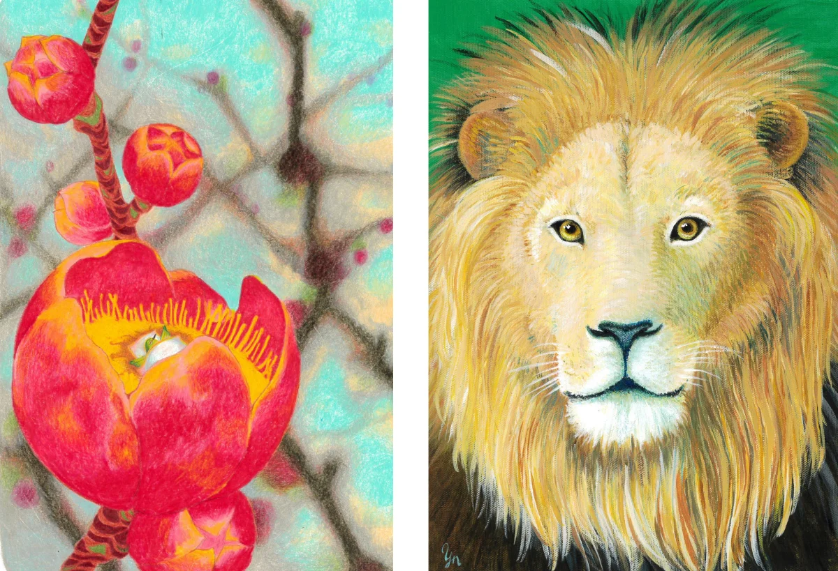 梅とライオンの絵画